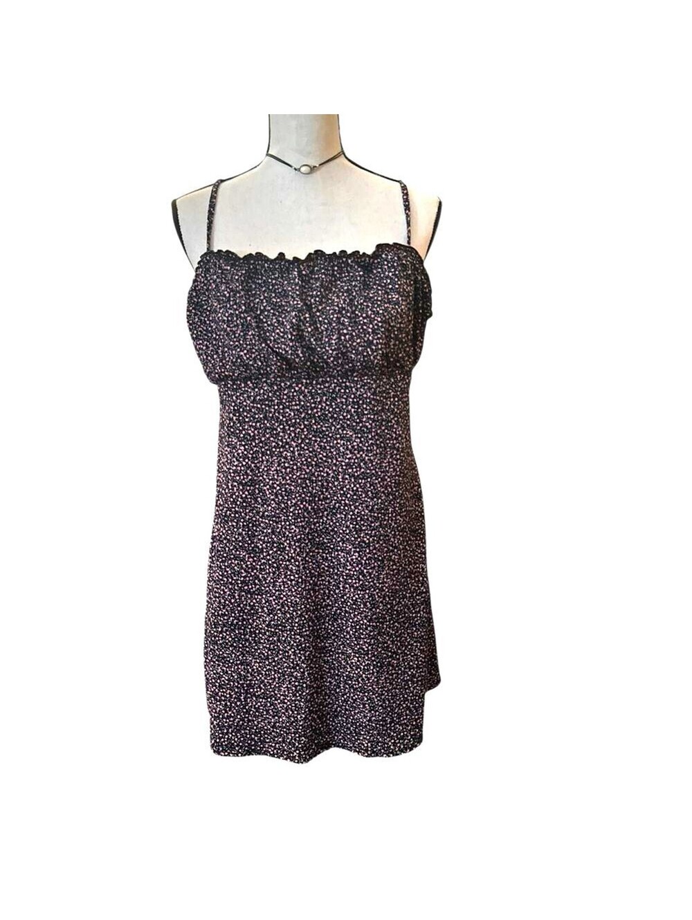 H&M Divided Floral Mini Dress Large Black Pink Smocked Bust Cami Sundress Boho
